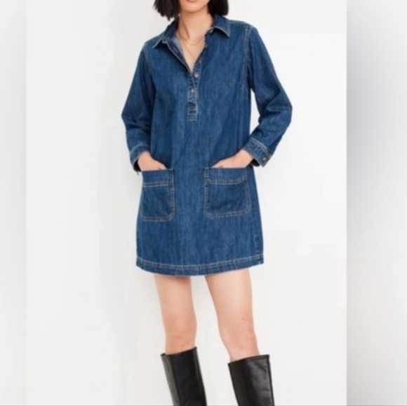 Old Navy Denim Shirt Dress Chore Pockets Popover Henley Sz 2X - Picture 10 of 10